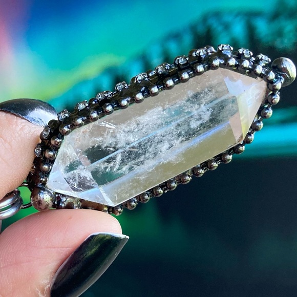 Natural Crystal quartz black electroplated boho goth stainless steel necklace - Picture 6 of 15